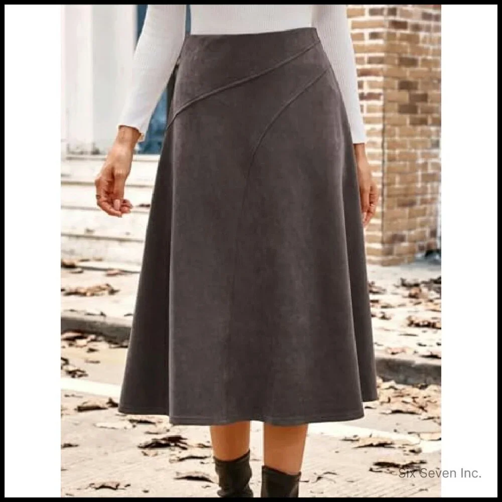 Faux Suede Midi Skirt High Waist A-Line Chic Fall Winter Elegant Minimal